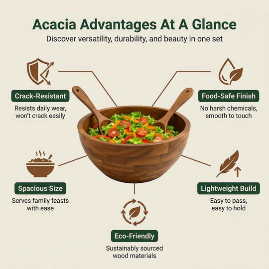 Acacia Wood Salad Bowl Set with 2 Serving Spoons | Large Wooden Fruit & Pasta Bowl | Rustic Kitchen Serving Bowl