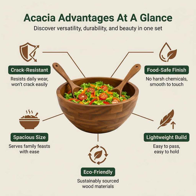 Acacia Wood Salad Bowl Set with 2 Serving Spoons | Large Wooden Fruit & Pasta Bowl | Rustic Kitchen Serving Bowl