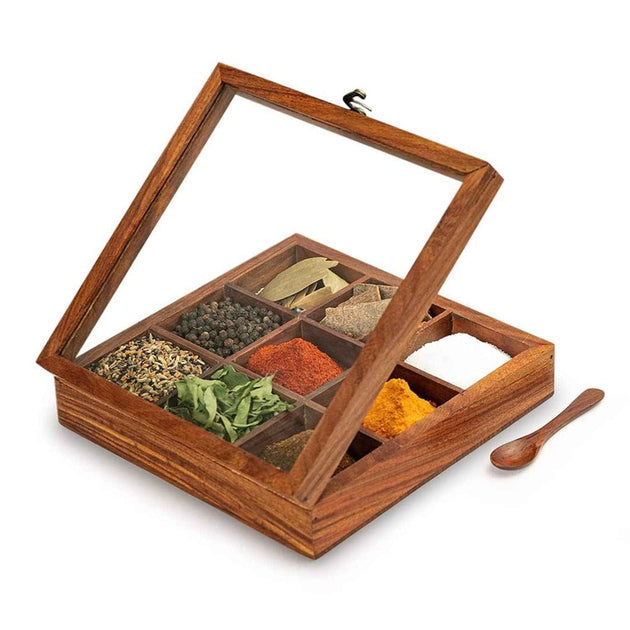 Wooden Spice Box with Spoon (Non Removable Partitions, 50 ml, Brown)