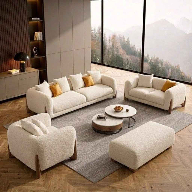 Antique Wood Hub - Modern Boucle Sofa, Teddy Fabric, Solid Wooden Legs, for Living Room, Bedroom, Hallways