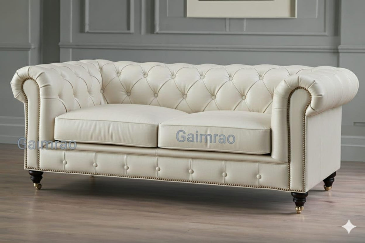 Antique Wood Hub Chesterfield sofa in White Leatherette, 2 Seater Sofa