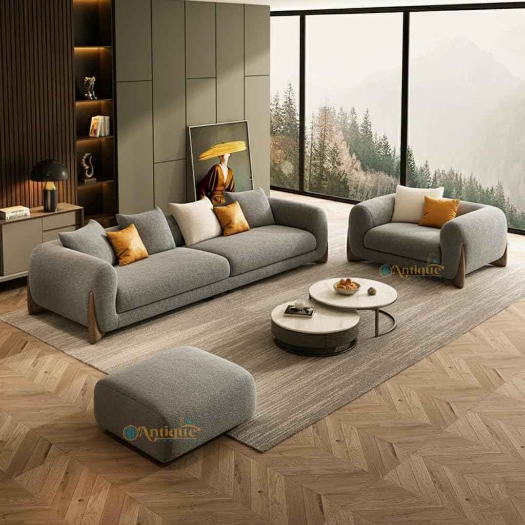 Antique Wood Hub - Modern Boucle Sofa, Teddy Fabric, Solid Wooden Legs, for Living Room, Bedroom, Hallways