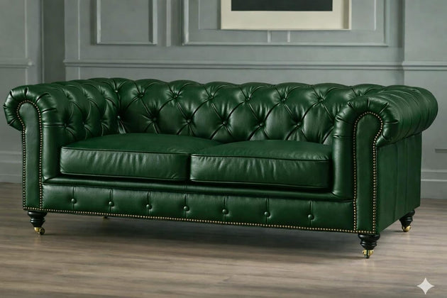 Antique Wood Hub Chesterfield sofa in Bottle Green Leatherette, 2 Seater Sofa