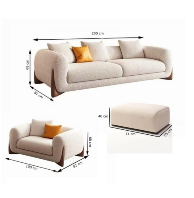 Beige sofa with dimensions labeled on a white background