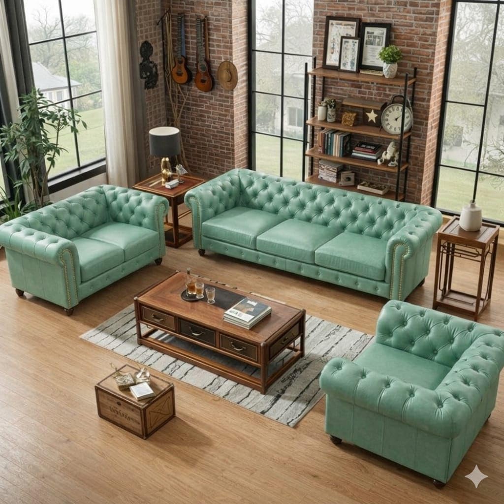 Antique Wood Hub Chesterfield sofa in Mint Green Leatherette, 3+2+1 = 6 Seater Sofa