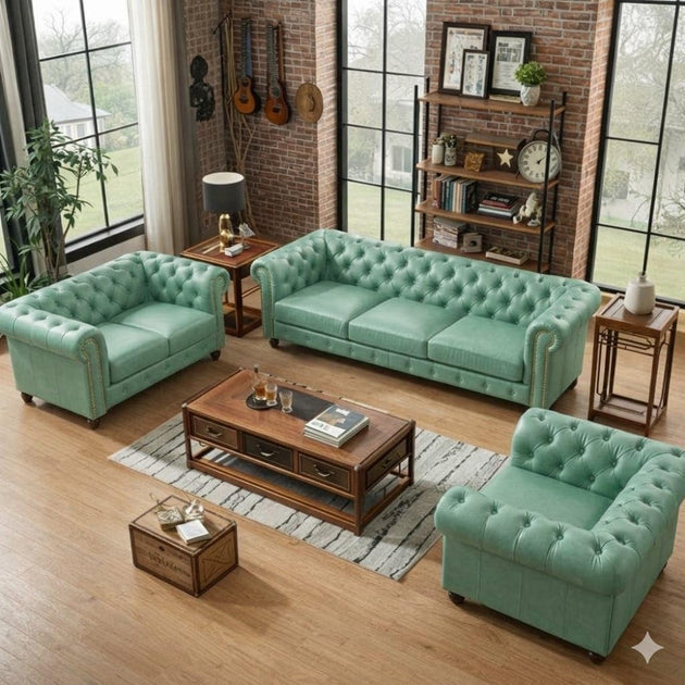 Antique Wood Hub Chesterfield sofa in Mint Green Leatherette, 3+2+1 = 6 Seater Sofa