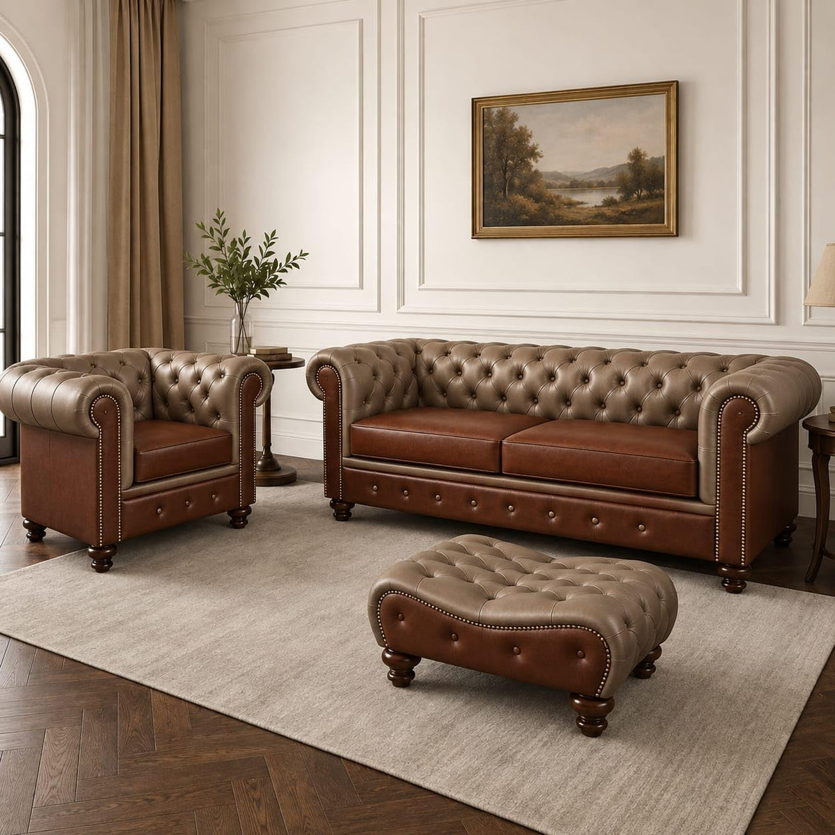Antique Wood Hub Chesterfield leatherette 3+1 sofa set with ottoman – Taupe + Brown colour