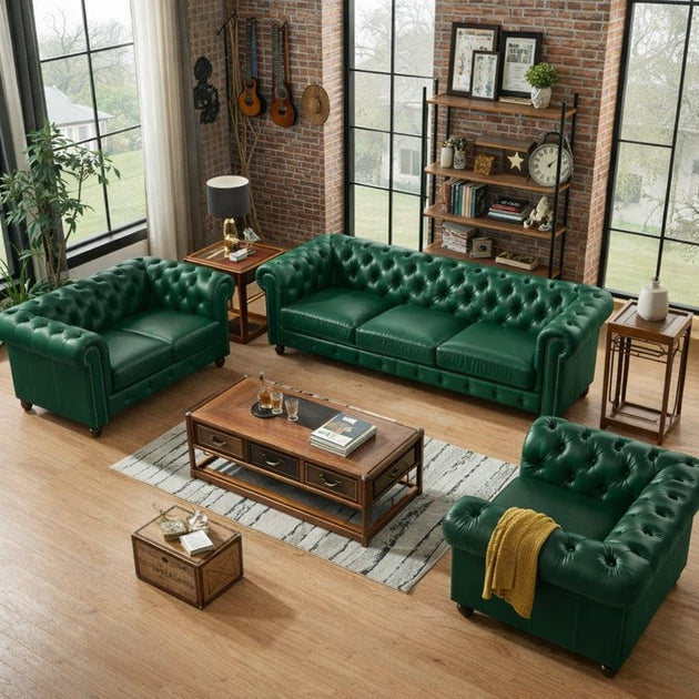 Antique Wood Hub Chesterfield sofa in Bottle Green Leatherette, 3+2+1 = 6 Seater Sofa