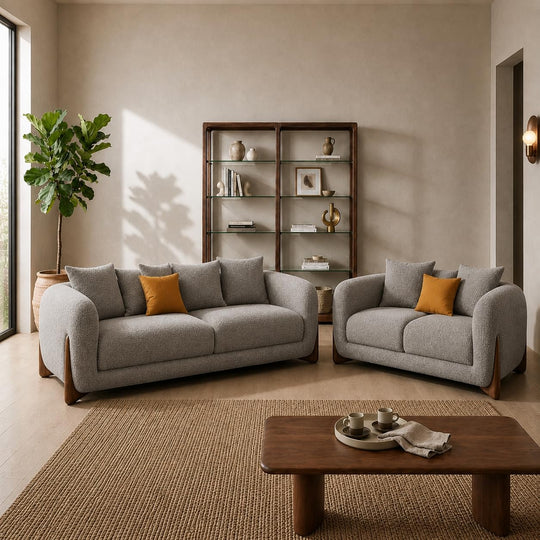 Antique Wood Hub sofa in Light Grey Boucle, 3+2 = 5 Seater Sofa