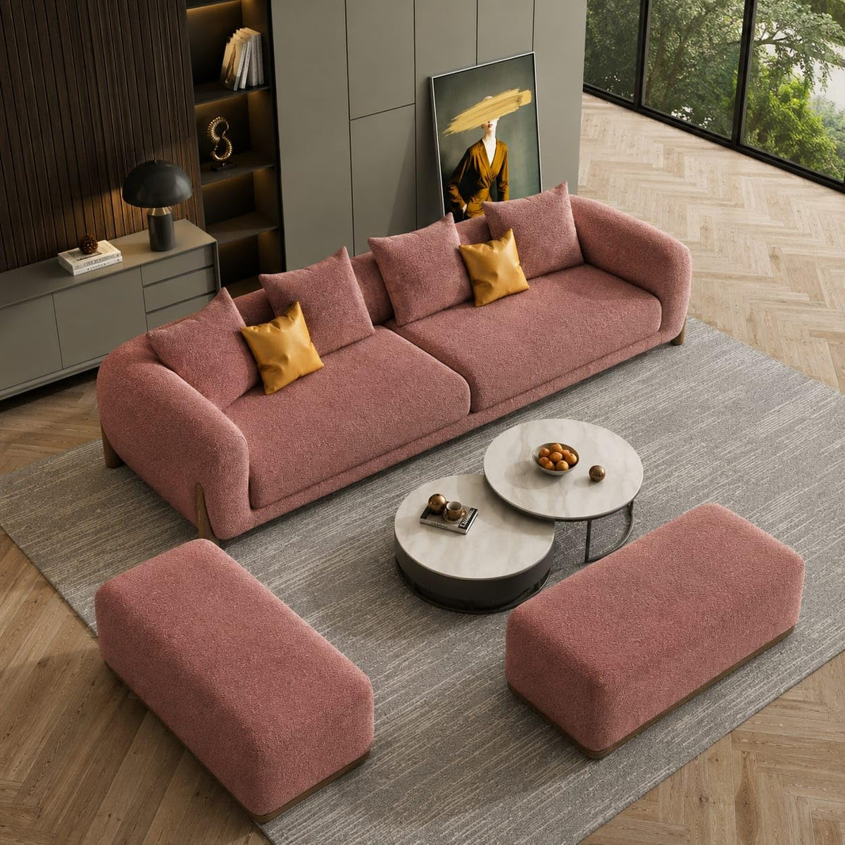Rose Gold Chesterfield sofa set – 3 Seater + Ottoman Set, Antique Wood Hub