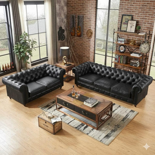 Antique Wood Hub classic button-tufted Chesterfield leatherette sofa set