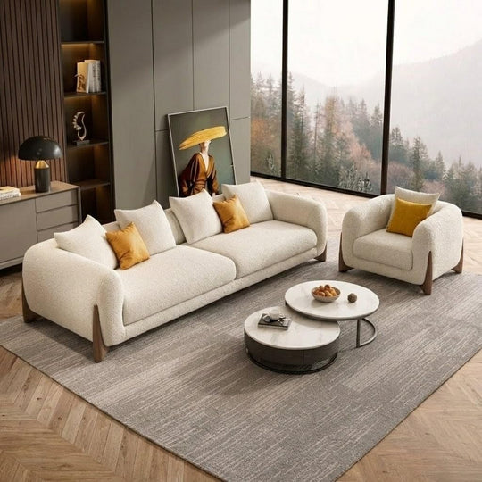 Antique Wood Hub sofa in Off White Boucle, 3+1 = 4 Seater Sofa