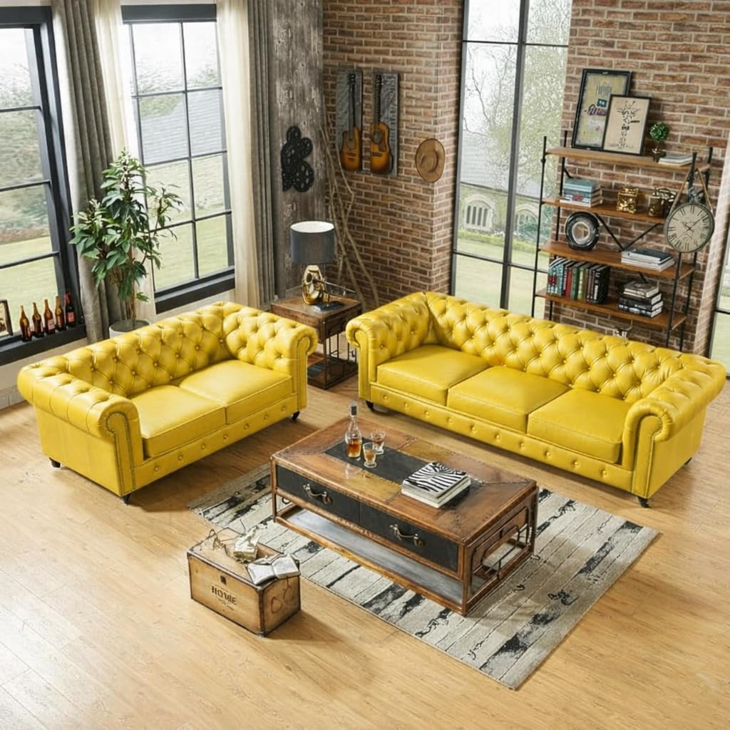 Antique Wood Hub Chesterfield sofa in Yellow Leatherette, 3+2 = 5 Seater Sofa