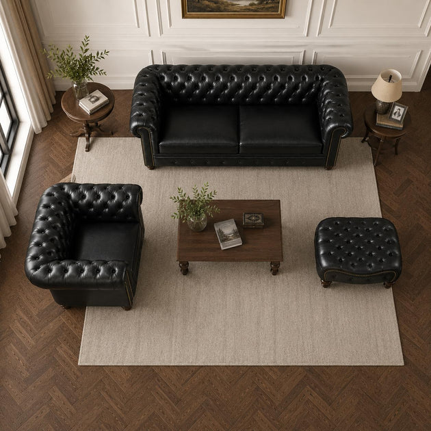 Antique Wood Hub Chesterfield 3+1 leatherette sofa set with ottoman – additional gallery image 2