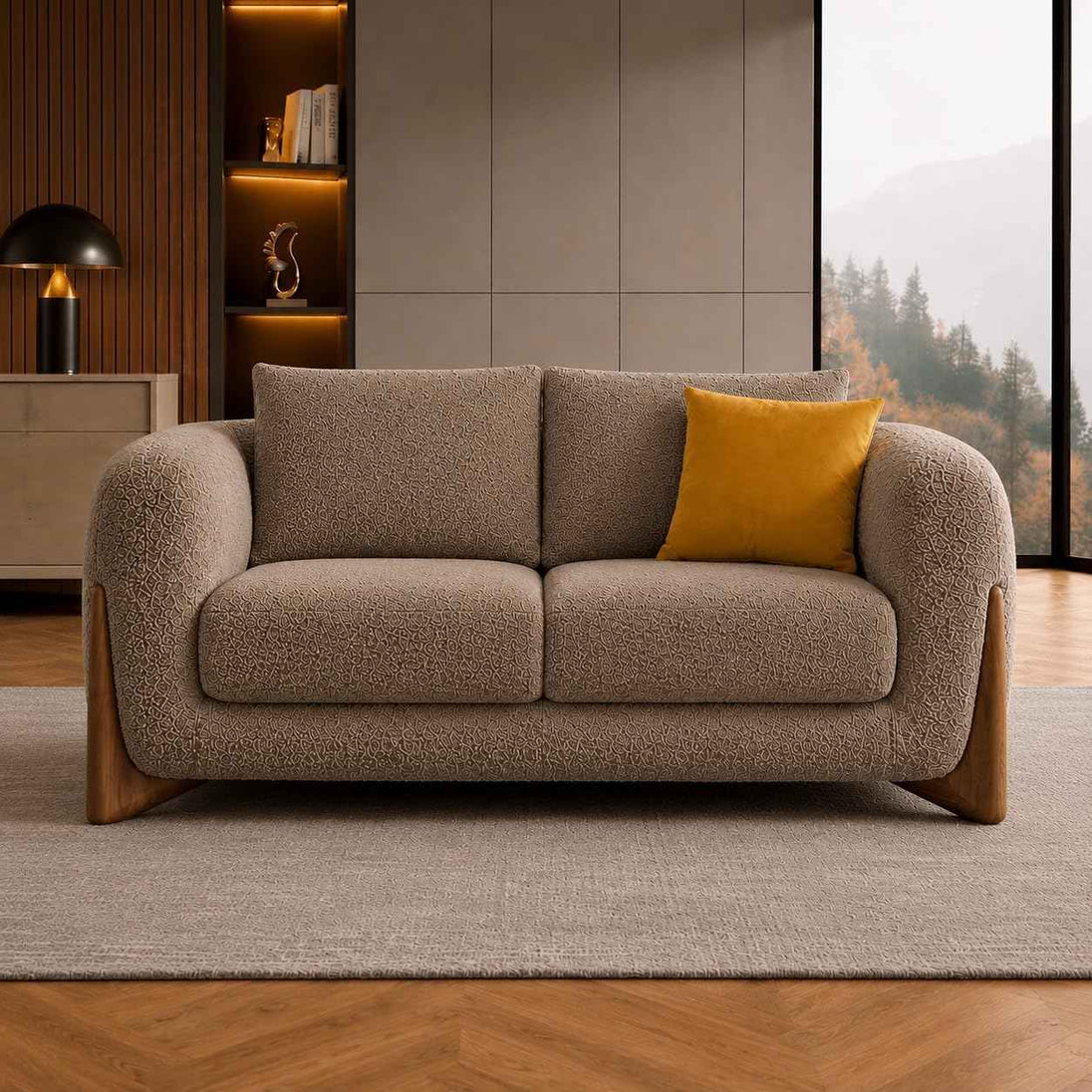Modern Classic 2 Seater Teddy Boucle Fabric Sofa  with Luxury Living Room Furniture Comfortable Sofa: Antique Wood Hub