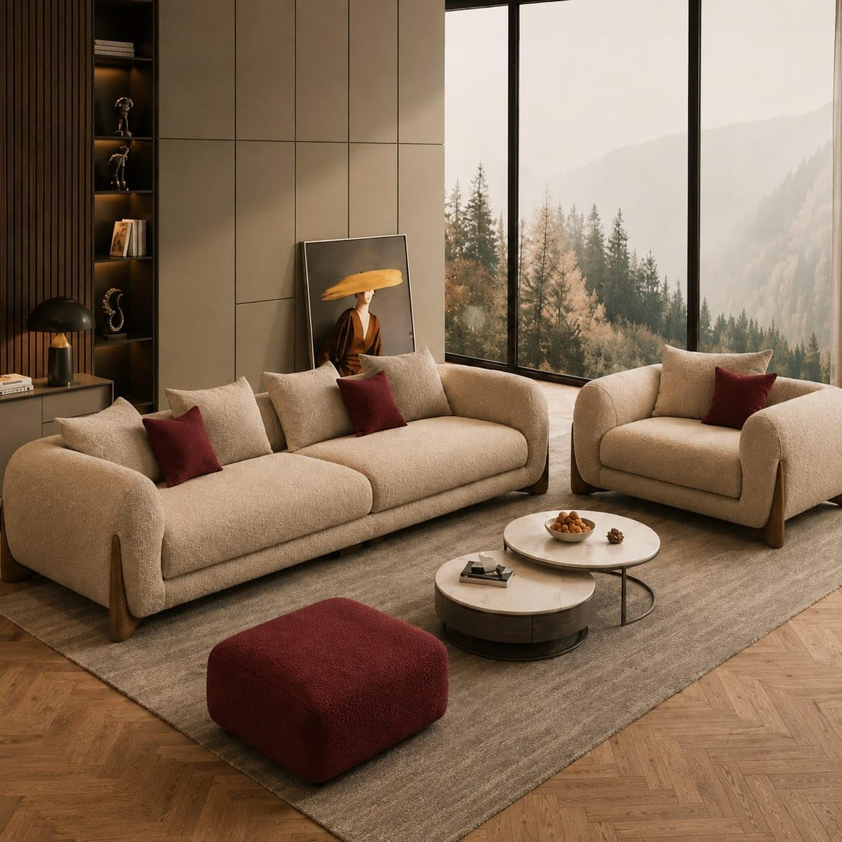 Taupe & Maroon Chesterfield sofa set – 3 Seater + 1 Seater + Ottoman, Antique Wood Hub