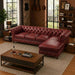 Antique Wood Hub 5-seater Chesterfield L-shaped leatherette sofa in Cherry Red