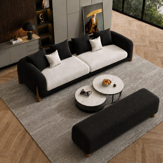 Black & Off White Chesterfield sofa set – 3 Seater + Bench, Antique Wood Hub
