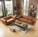 Antique Wood Hub Chesterfield sofa in Brown Leatherette, 3+2 = 5 Seater Sofa