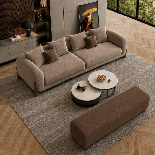 Coffee Brown & Taupe Chesterfield sofa set – 3 Seater + Bench, Antique Wood Hub