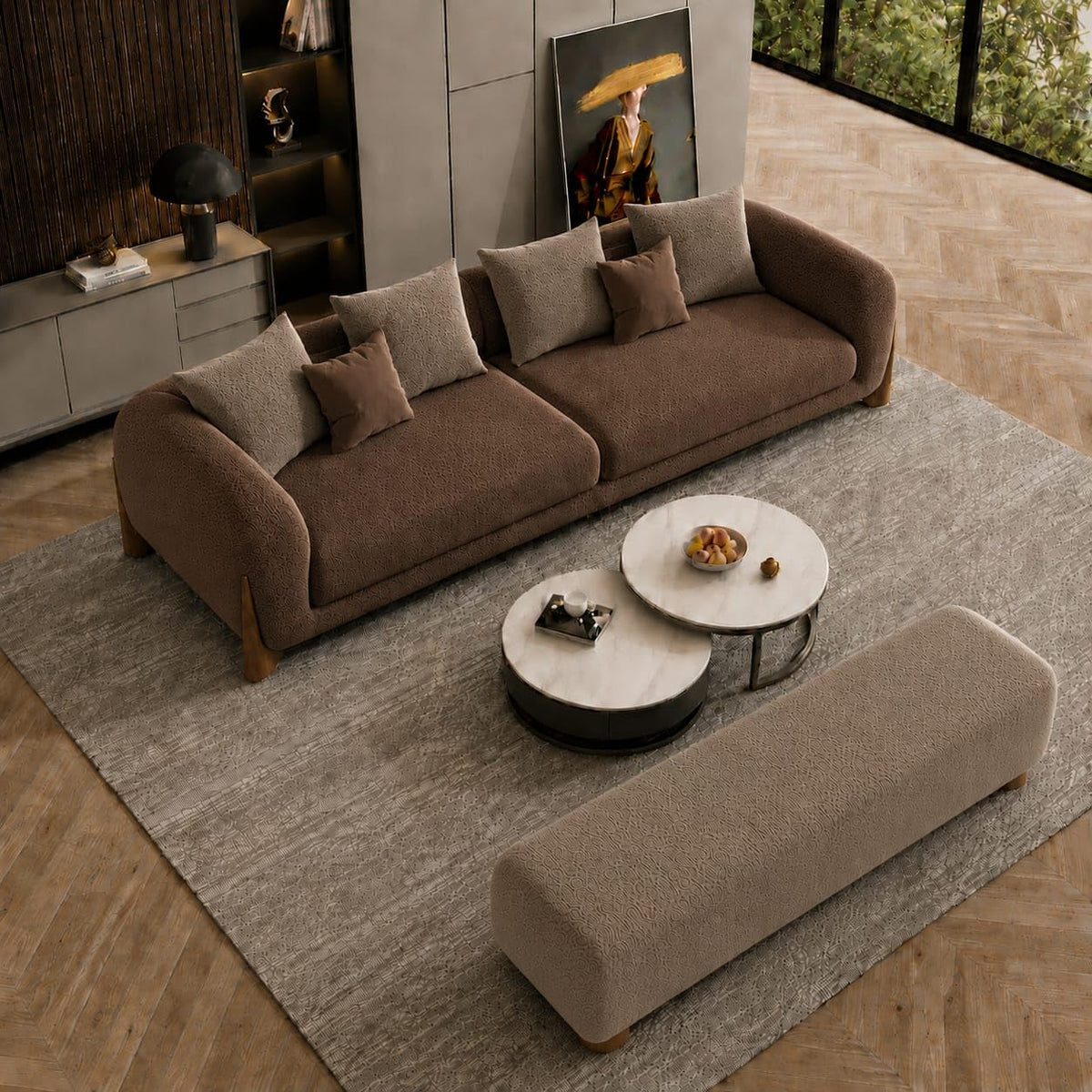 Taupe & Coffee Brown Chesterfield sofa set – 3 Seater + Bench, Antique Wood Hub