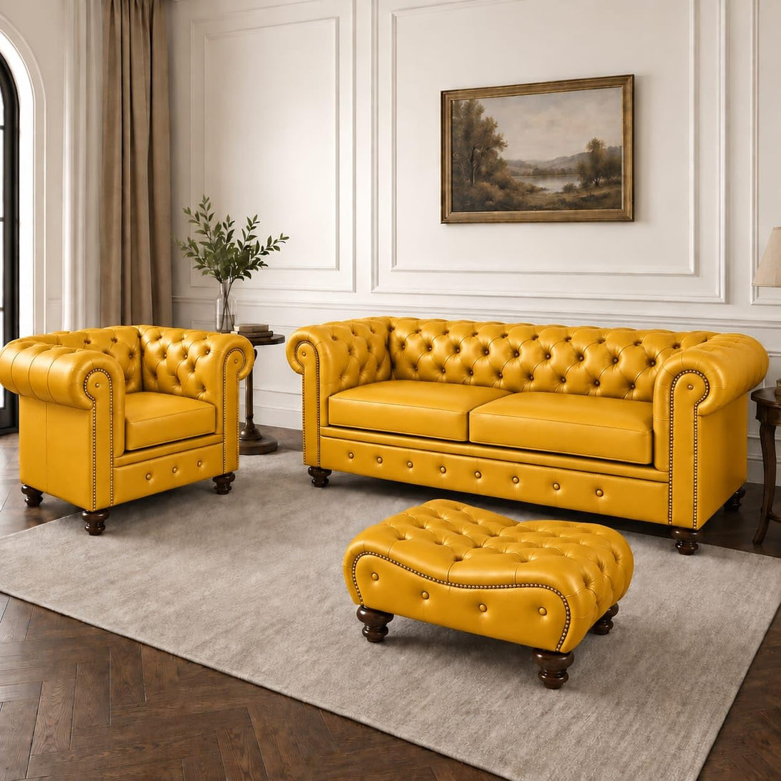 Antique Wood Hub Chesterfield leatherette 3+1 sofa set with ottoman – Mustard colour