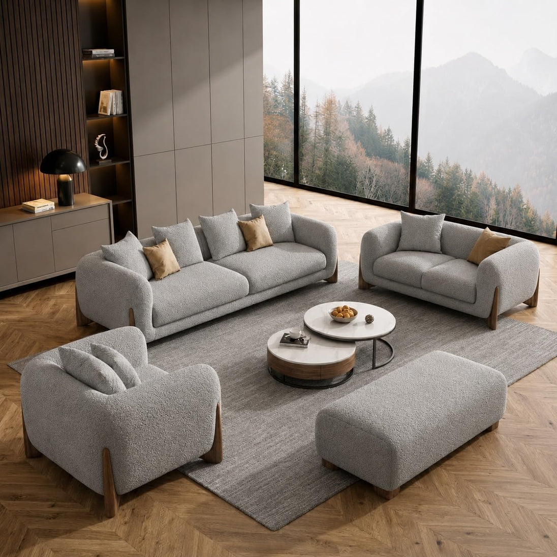 Antique Wood Hub sofa in Light Grey Boucle, 3+2+1 = 6 Seater Sofa + Ottoman