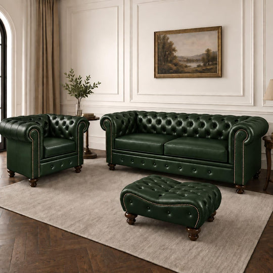 Antique Wood Hub Chesterfield leatherette 3+1 sofa set with ottoman – Green colour