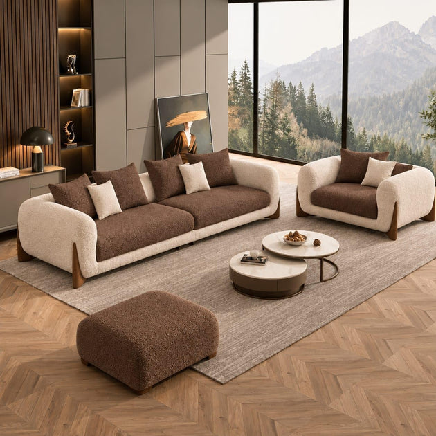 Beige+Coffee - 3+1+Ottoman