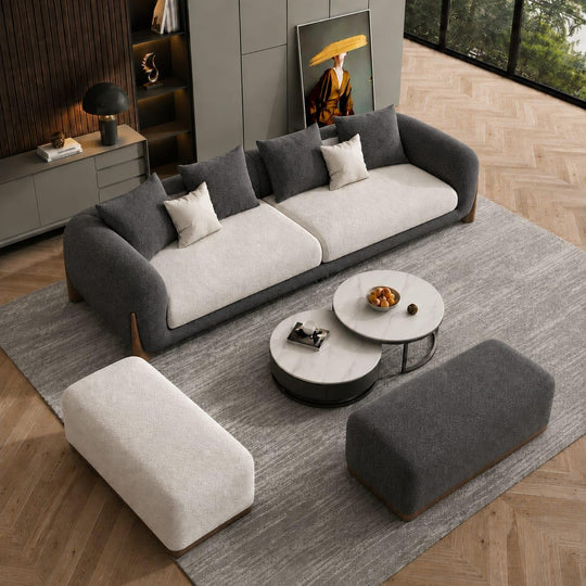 Grey & Off White Chesterfield sofa set – 3 Seater + Ottoman Set, Antique Wood Hub