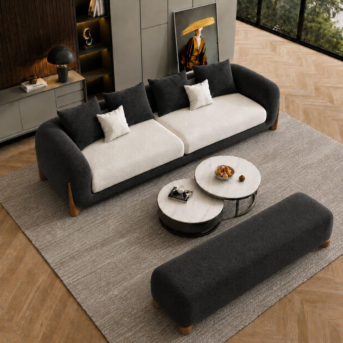 Dark Grey & Off White Chesterfield sofa set – 3 Seater + Bench, Antique Wood Hub