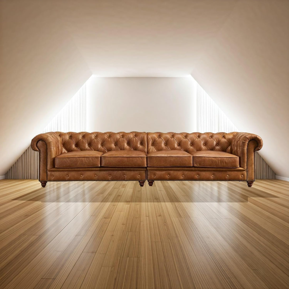 Antique Wood Hub Chesterfield sofa in Brown Leatherette, 2+2 = 4 Seater Sofa