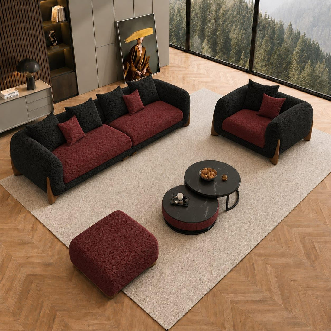 Black & Maroon Chesterfield sofa set – 3 Seater + 1 Seater + Ottoman, Antique Wood Hub