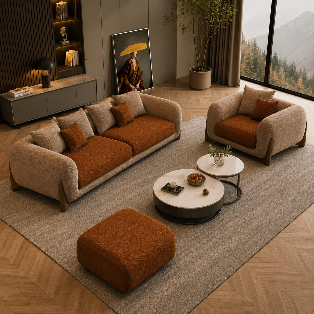 Antique Wood Hub Chesterfield sofa – Rust Brown and Taupe detail view 3