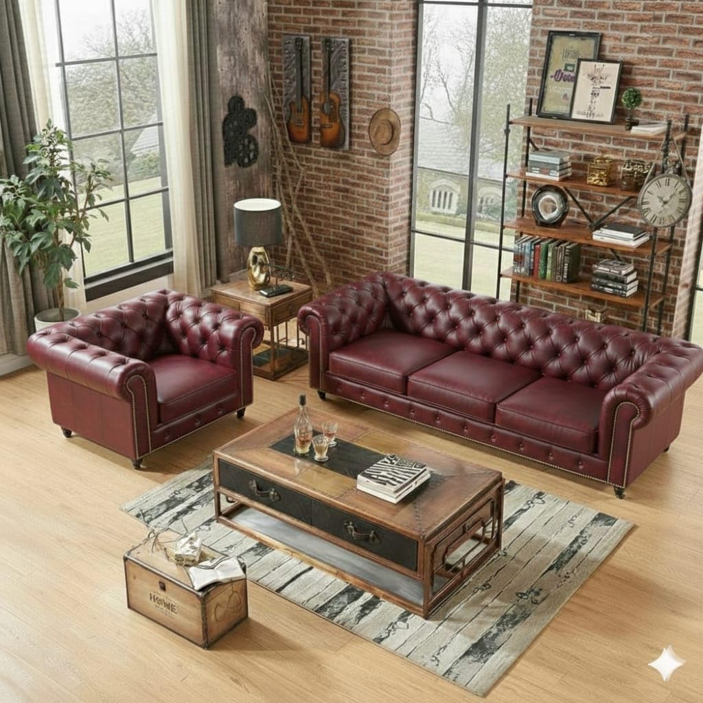 Antique Wood Hub Chesterfield sofa in Maroon Leatherette, 3+1 = 4 Seater Sofa