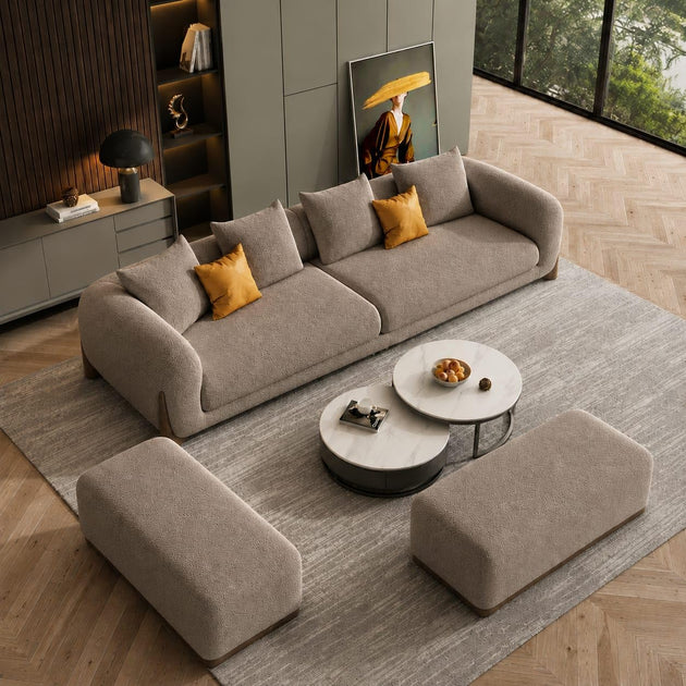 Taupe Chesterfield sofa set – 3 Seater + Ottoman Set, Antique Wood Hub