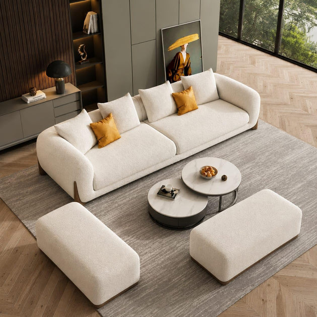 Off White Chesterfield sofa set – 3 Seater + Ottoman Set, Antique Wood Hub