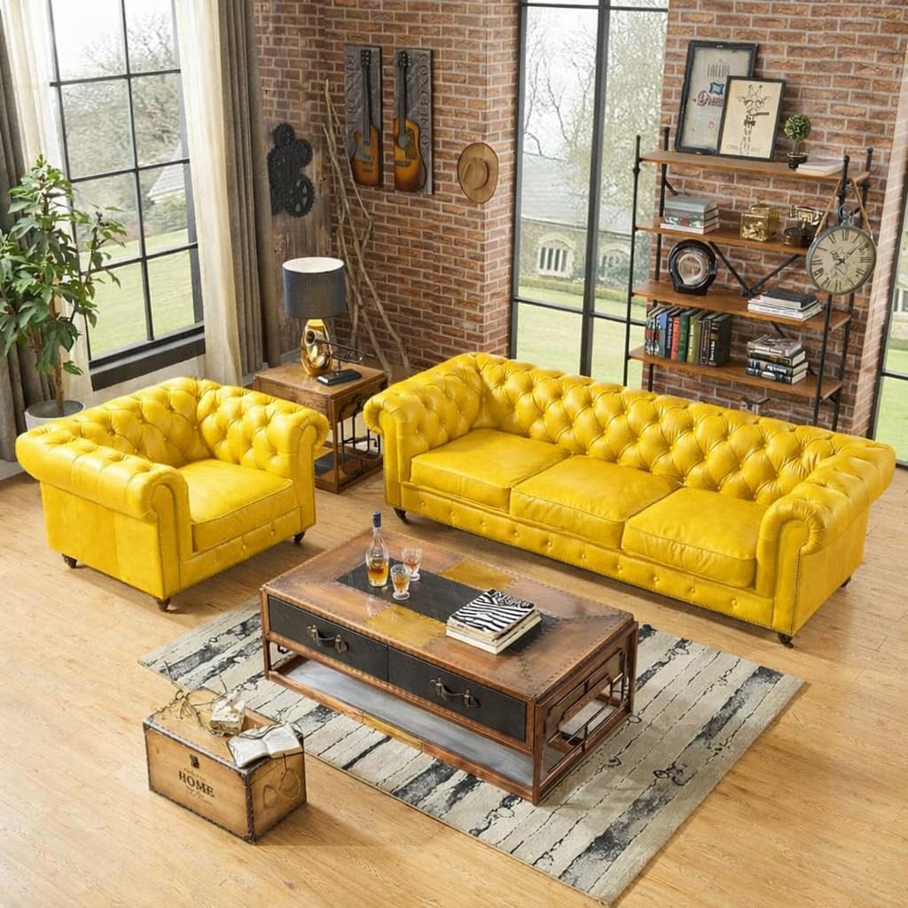 Antique Wood Hub Chesterfield sofa in Yellow Leatherette, 3+1 = 4 Seater Sofa