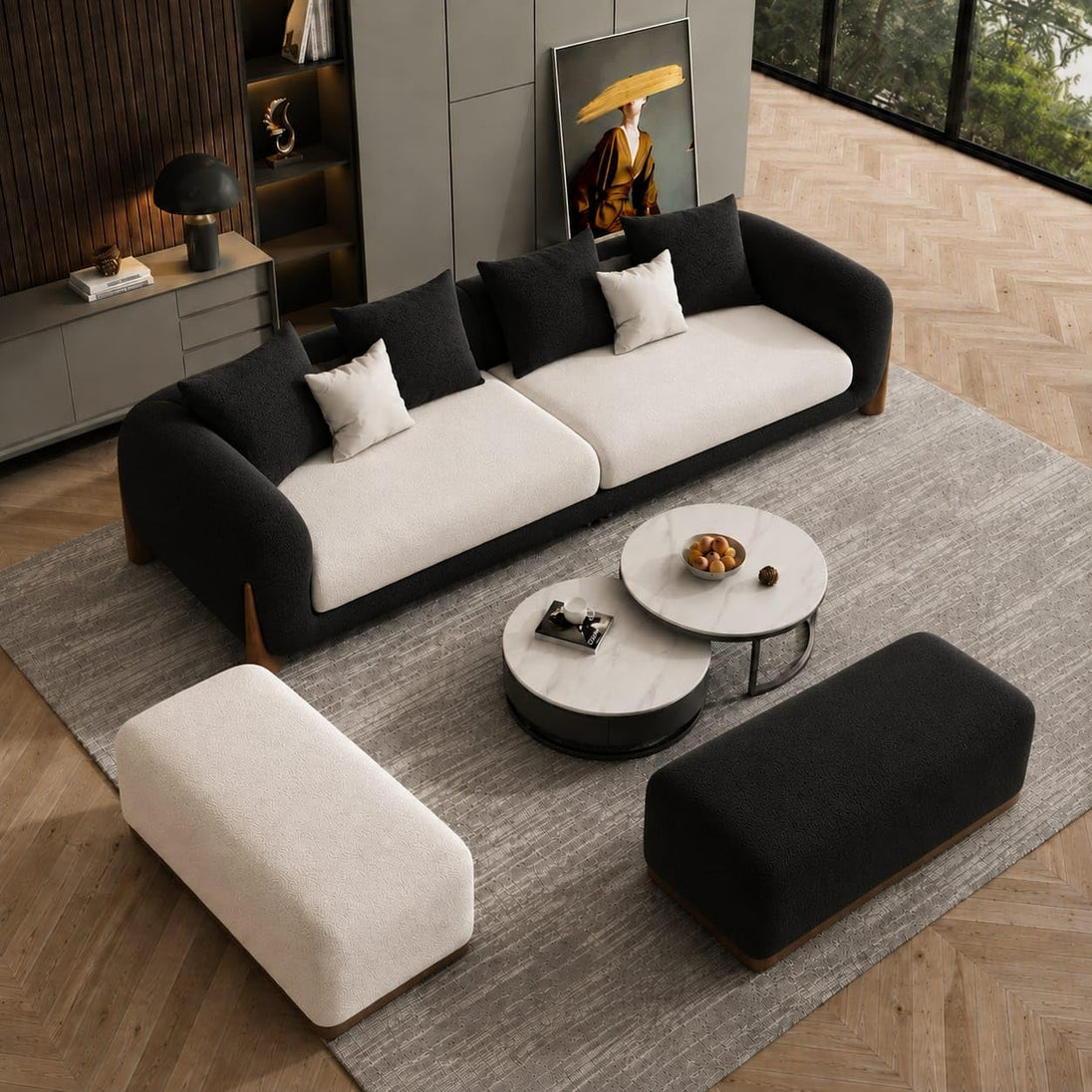 Black & Off White Chesterfield sofa set – 3 Seater + Ottoman Set, Antique Wood Hub