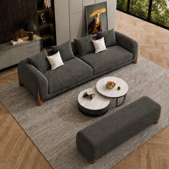 Dark Grey Chesterfield sofa set – 3 Seater + Bench, Antique Wood Hub