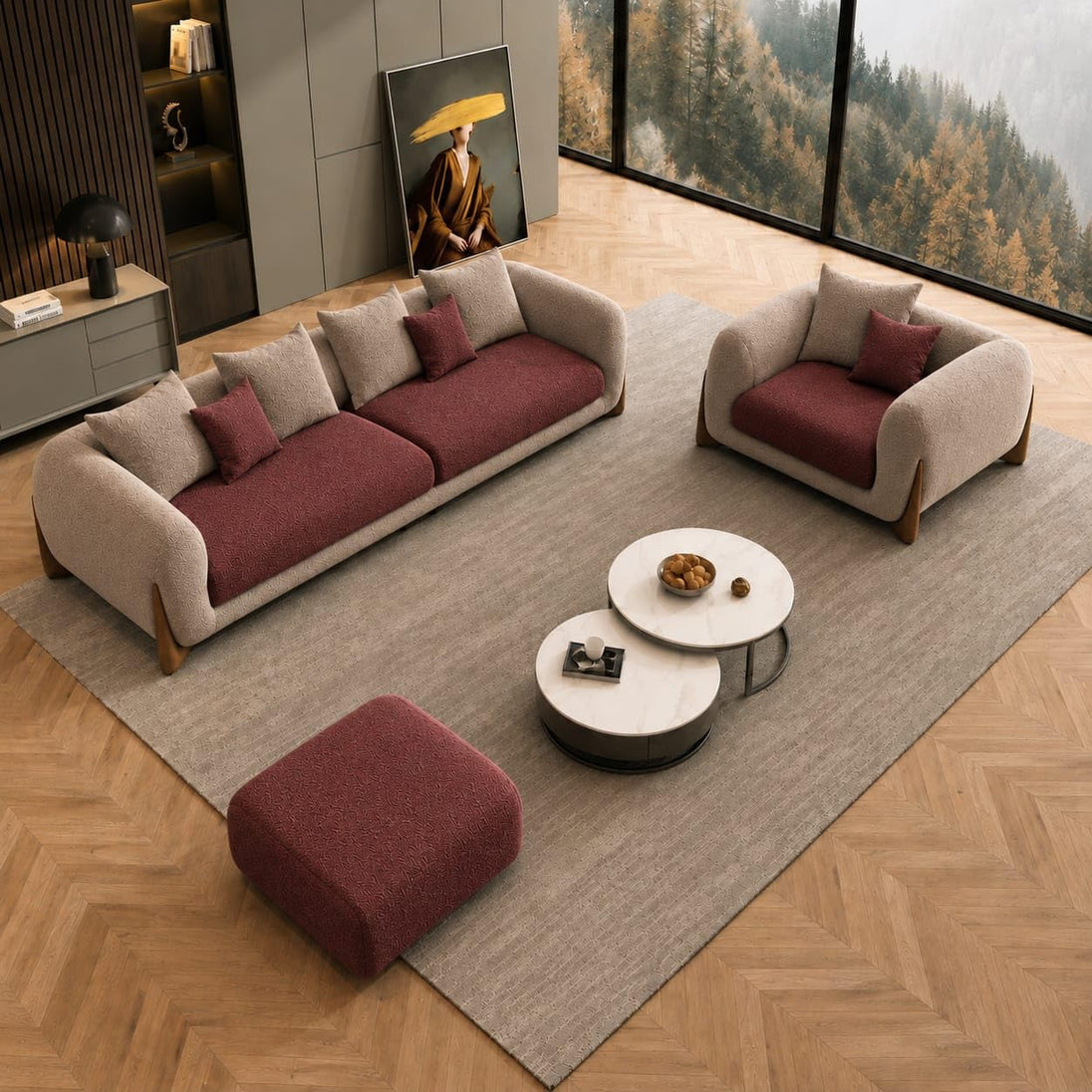 Maroon & Taupe Chesterfield sofa set – 3 Seater + 1 Seater + Ottoman, Antique Wood Hub