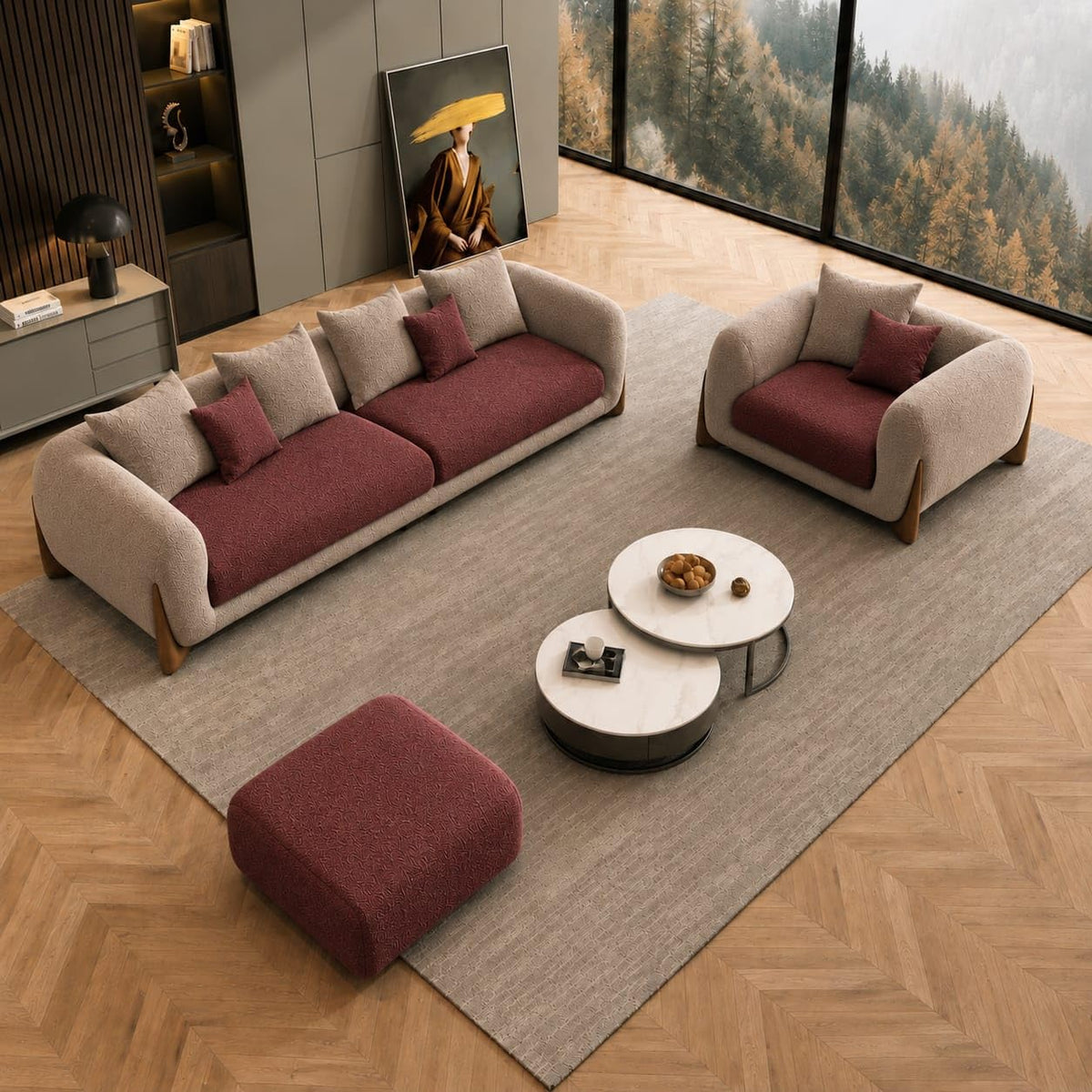 Maroon & Taupe Chesterfield sofa set – 3 Seater + 1 Seater + Ottoman, Antique Wood Hub