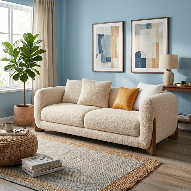 Antique Wood Hub sofa in Off White Boucle, 2 Seater Sofa
