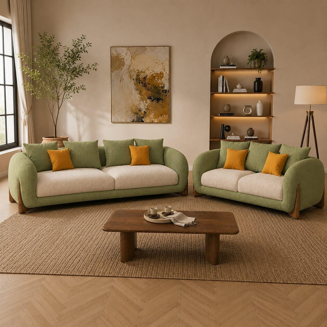 3+2 Seater, Olive+Off White