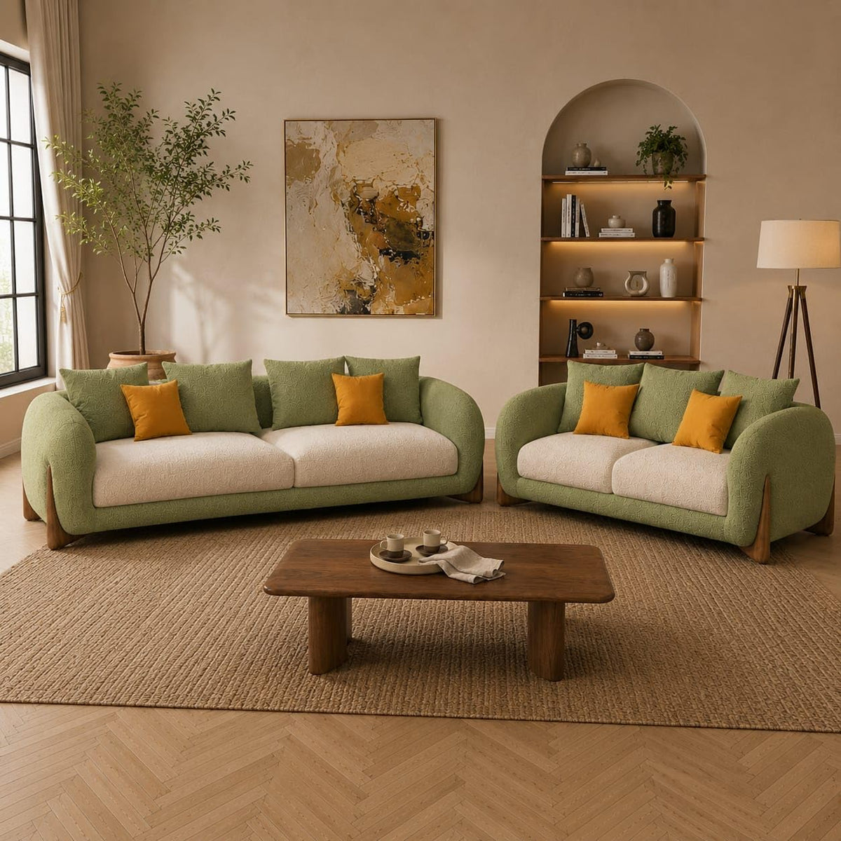 3+2 Seater, Olive+Off White