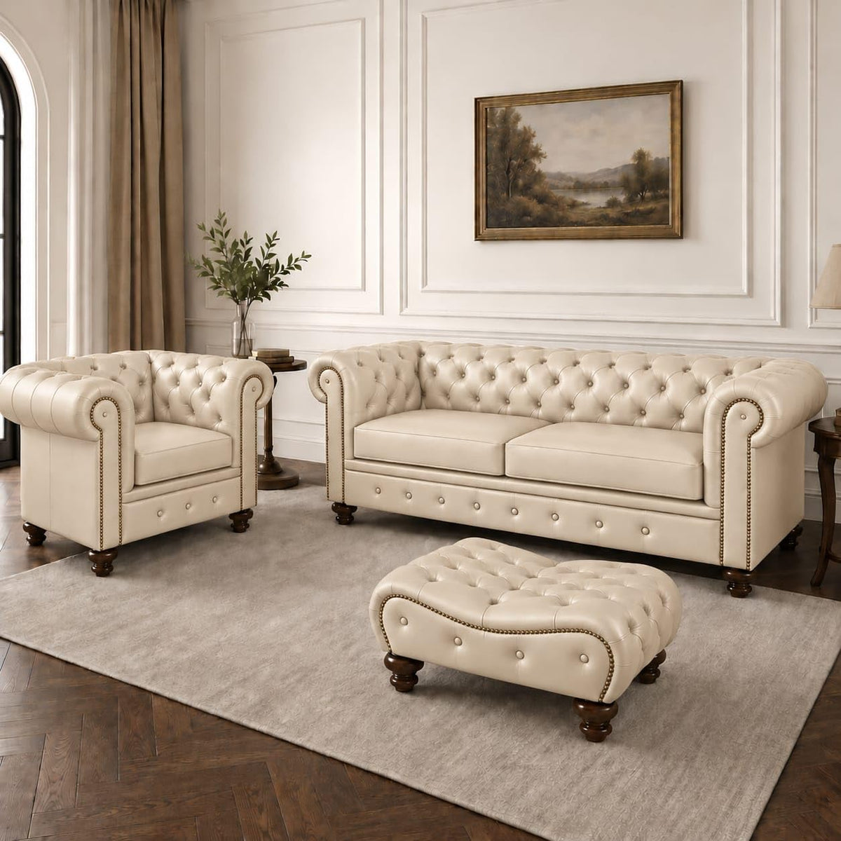 Antique Wood Hub Chesterfield leatherette 3+1 sofa set with ottoman – Ivory colour