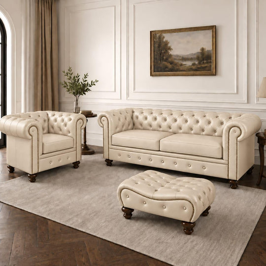 Antique Wood Hub Chesterfield leatherette 3+1 sofa set with ottoman – Ivory colour