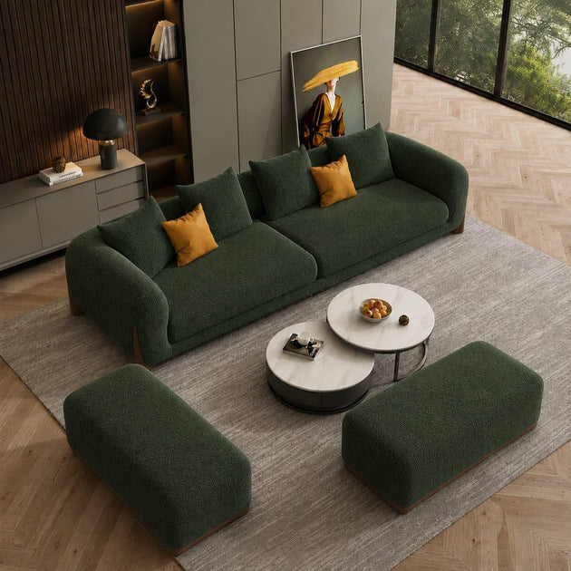 Dark Green Chesterfield sofa set – 3 Seater + Ottoman Set, Antique Wood Hub