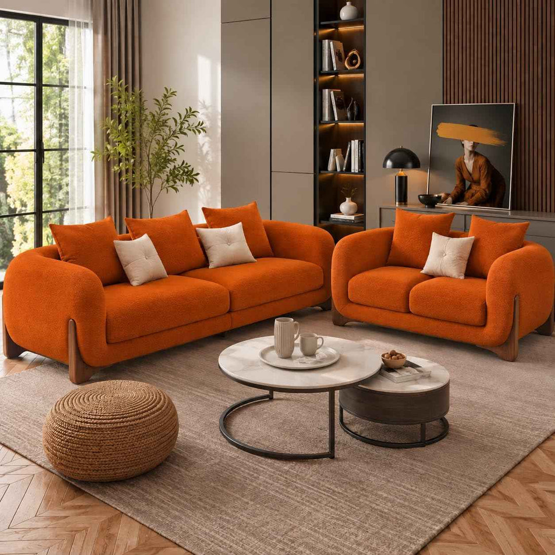Antique Wood Hub - Modern Boucle Sofa, Teddy Fabric, Solid Wooden Legs, for Living Room, Bedroom, Hallways