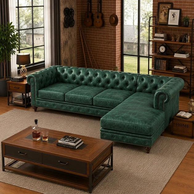 Antique Wood Hub 5-seater Chesterfield L-shaped leatherette sofa in Green